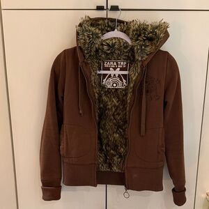 Zara TRF Brown Faux Fur Lined Hoodie Jacket Full Zip Size S